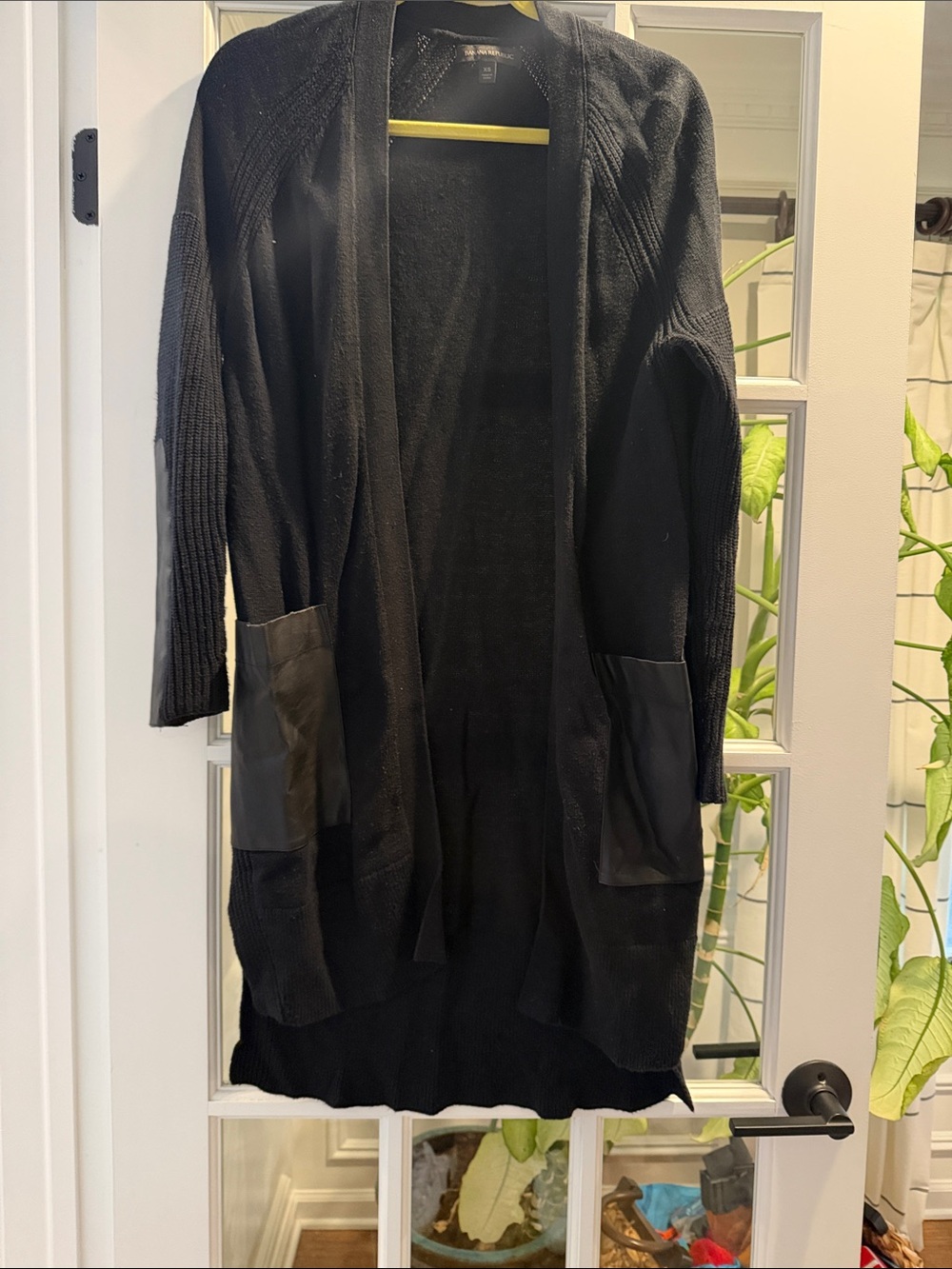 Banana Republic Black Long Open-Front Cardigan with Leather Pocket Accents